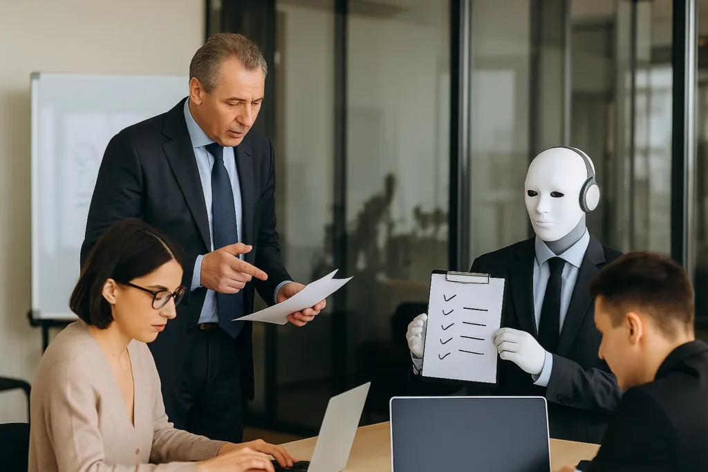 A modern workplace where AI agents and human professionals collaborate—highlighting the emerging reality of AI-driven middle management.